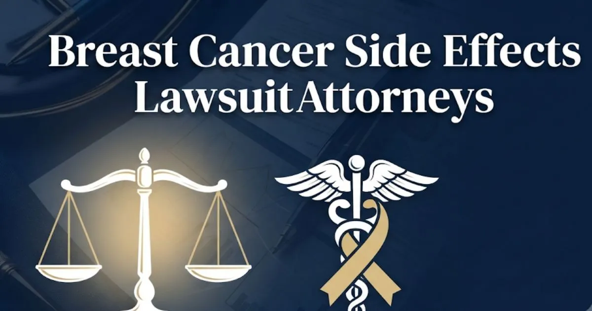 Breast cancer side effects lawsuit attorneys 2026 guide hero banner with legal scales and ribbon