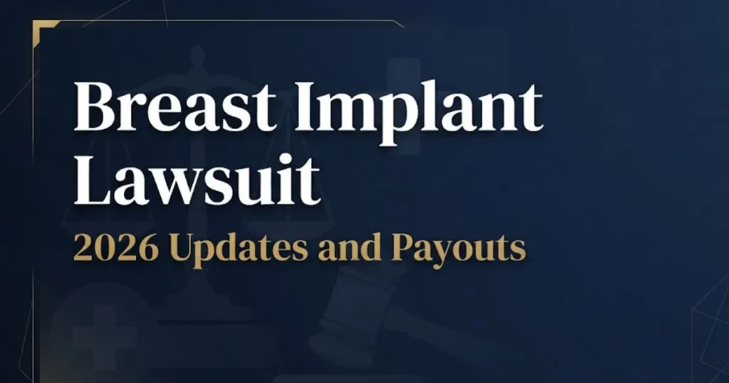 Breast implant lawsuit 2026 hero banner with legal scales and gavel on navy background