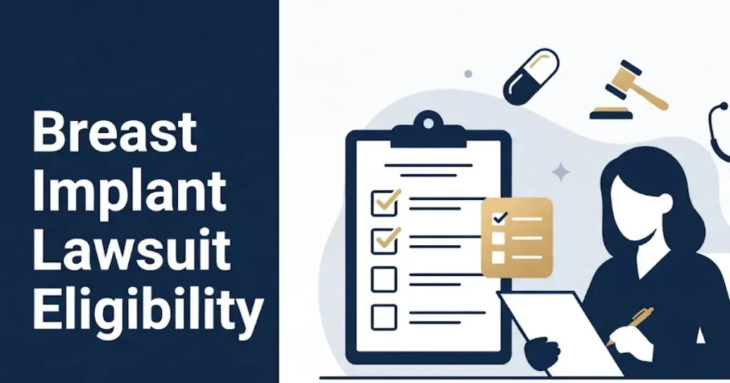 Breast implant lawsuit eligibility checklist graphic with medical and legal icons