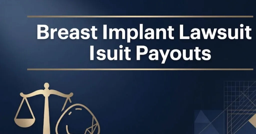 Breast implant lawsuit payouts hero banner with legal scale and medical device icon