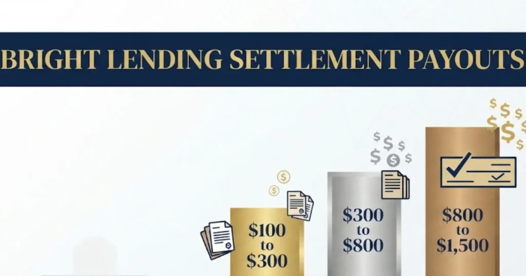 Bright lending lawsuit settlement payout tiers infographic with gold bar chart design