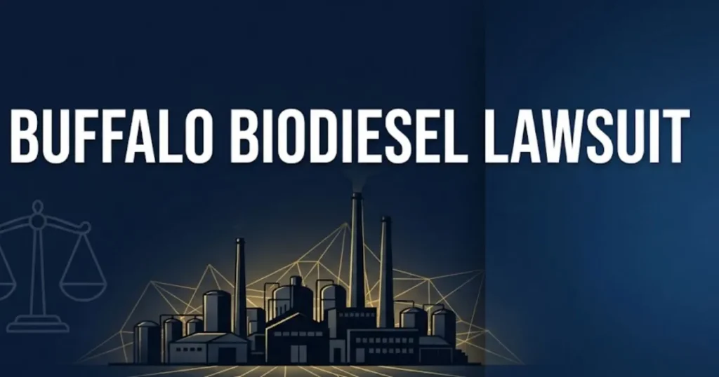 Buffalo biodiesel lawsuit 2026 hero banner with industrial silhouette and legal scales on navy background