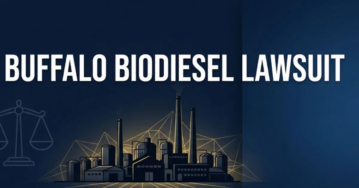 Buffalo biodiesel lawsuit 2026 hero banner with industrial silhouette and legal scales on navy background