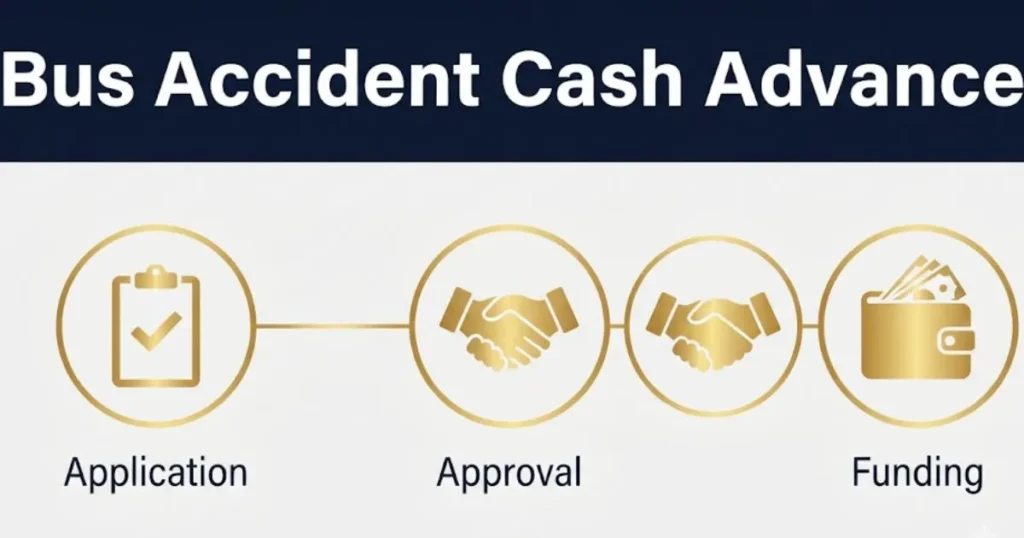 Bus accident cash advance approval process infographic with application and funding icons