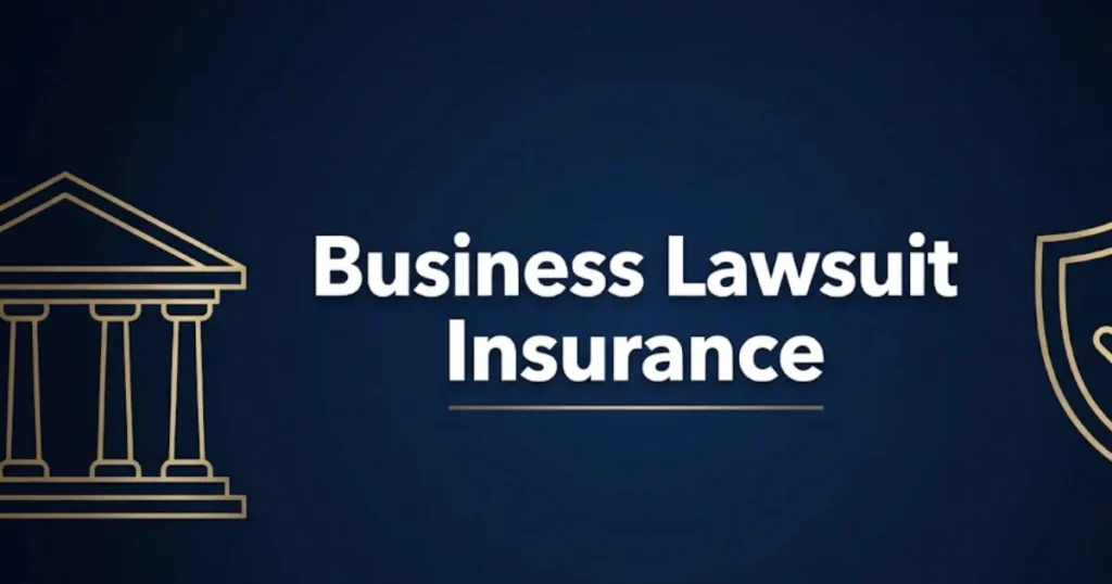 Business lawsuit insurance guide hero banner with courthouse and shield icons