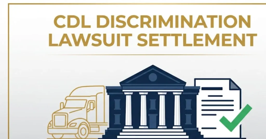 CDL discrimination lawsuit settlement infographic with courthouse and truck icons