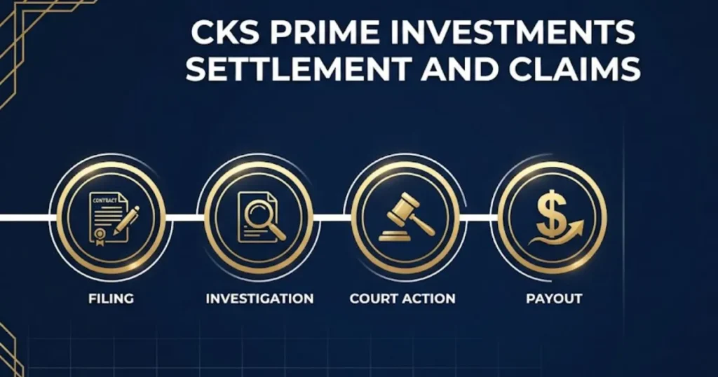 CKS Prime Investments settlement timeline infographic with claims process milestones