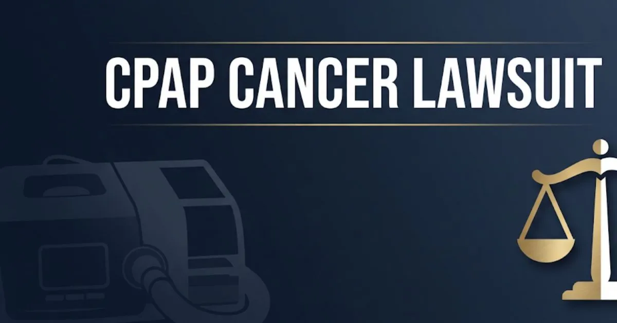 CPAP cancer lawsuit 2026 hero banner with legal scales and CPAP device silhouette