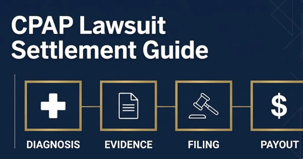 CPAP cancer lawsuit settlement process infographic with filing and payout icons