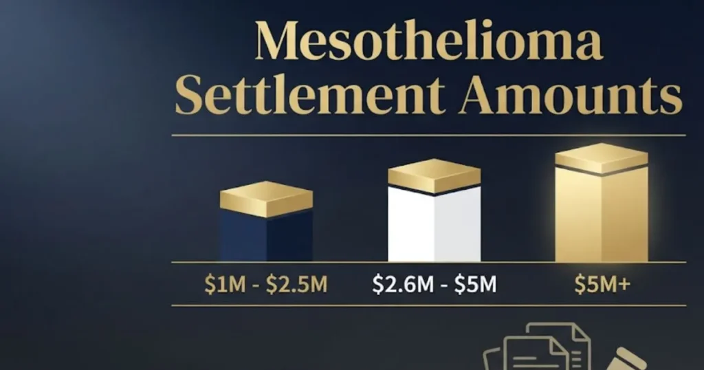 California mesothelioma settlement amounts infographic with payout tiers and gavel icon
