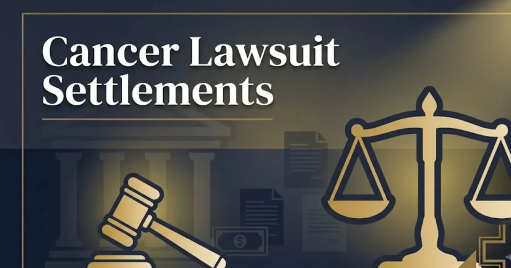 Cancer lawsuit settlements 2026 guide with legal symbols and settlement payout information