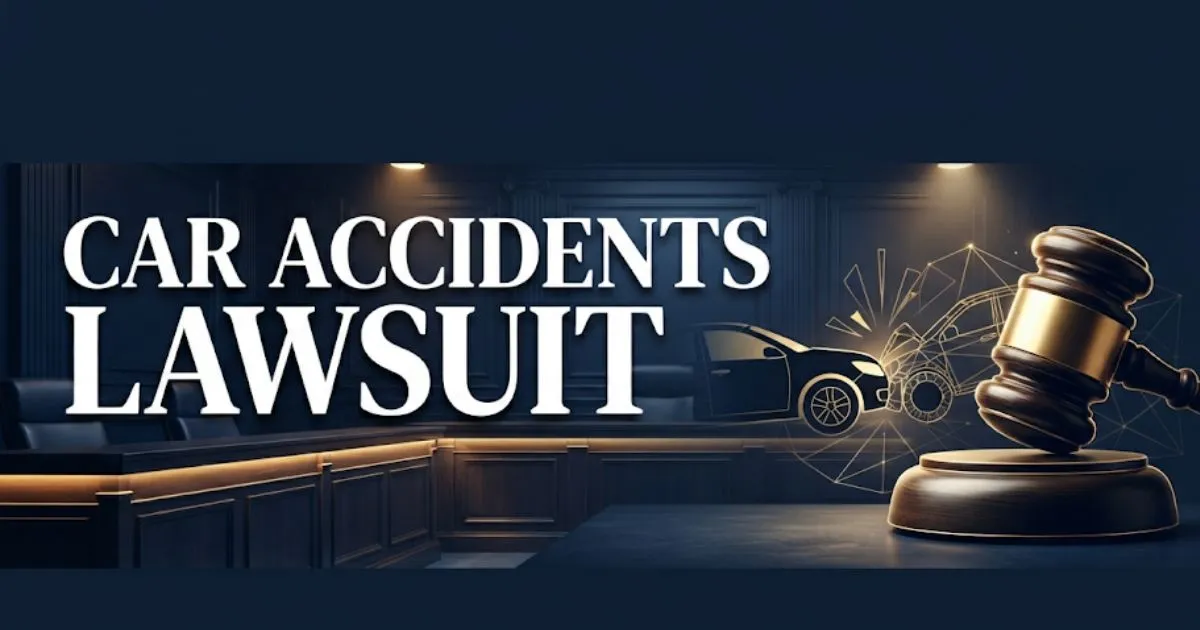 Car accidents lawsuit guide hero banner with gavel and collision icon in navy and gold