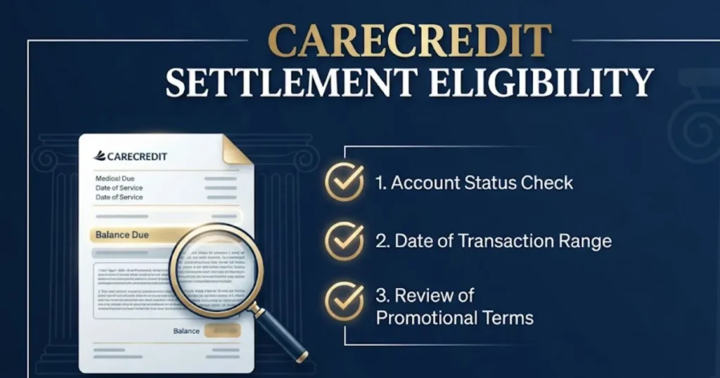 CareCredit lawsuit settlement eligibility checklist with legal document graphic