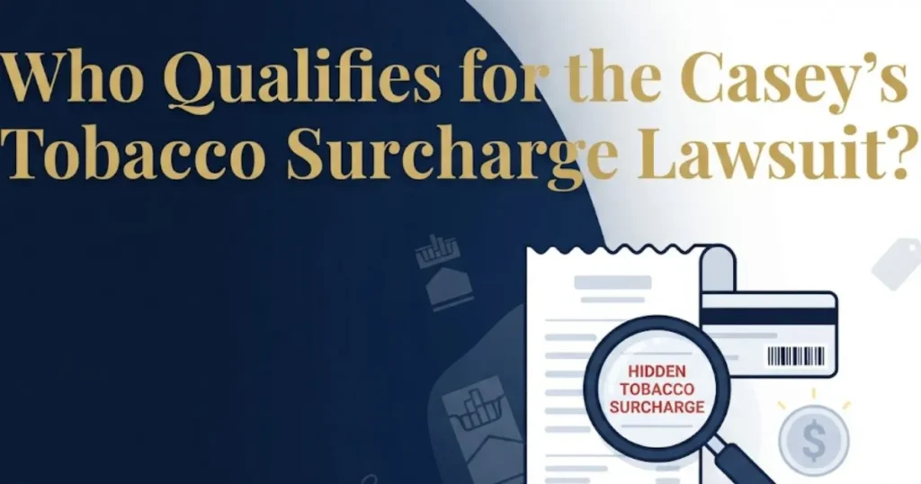 Casey's tobacco surcharge lawsuit eligibility graphic with receipt and magnifying glass on navy and white