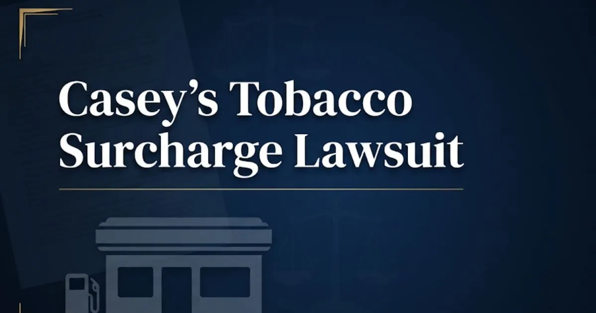 _Casey's tobacco surcharge lawsuit hero banner with legal scales and store silhouette on navy background