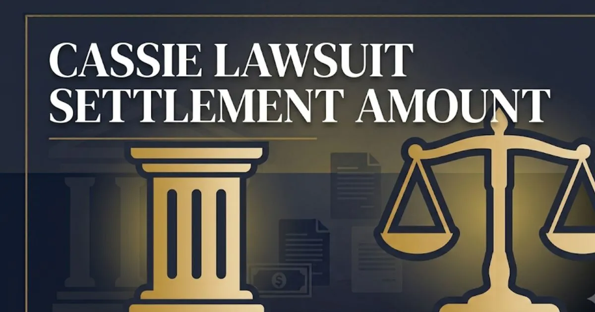 Cassie lawsuit settlement amount 2026 breakdown banner with legal scales and courthouse silhouette on navy background