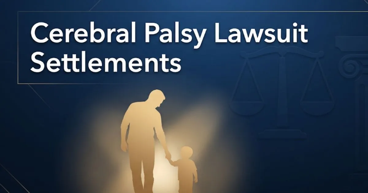Cerebral palsy lawsuit settlements 2026 guide banner with legal scales and family silhouette