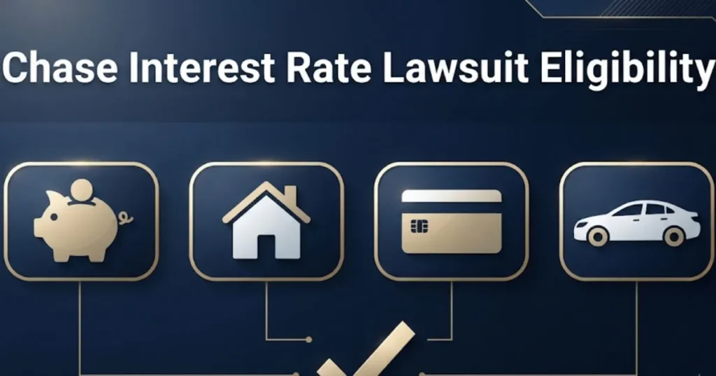 Chase interest rate lawsuit eligibility infographic showing savings, mortgage, credit card, and auto loan icons