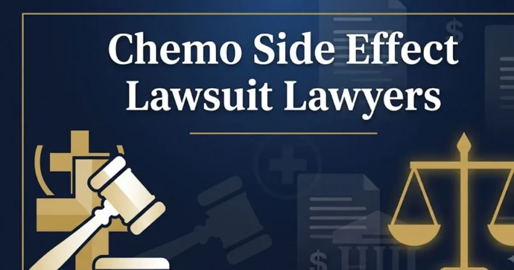 Chemo side effect lawsuit lawyers 2026 guide banner with gavel and medical symbol on navy background