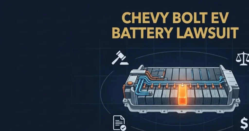 Chevy Bolt EV battery lawsuit graphic showing defective battery cell and legal icons