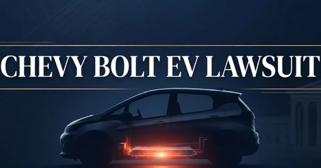 Chevy Bolt EV lawsuit hero banner with vehicle silhouette and legal theme in navy and gold