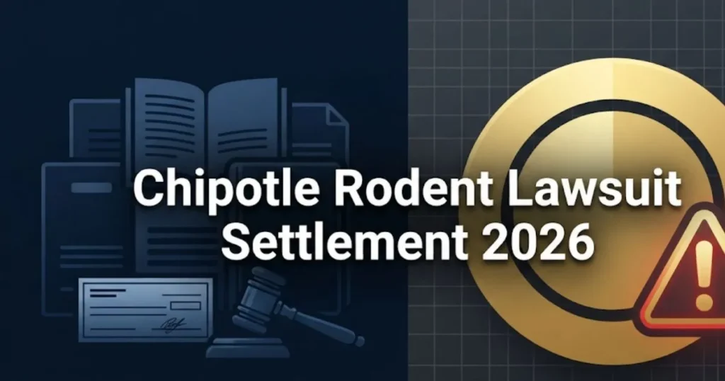 Chipotle rodent lawsuit settlement 2026 infographic with gavel and food safety warning icons