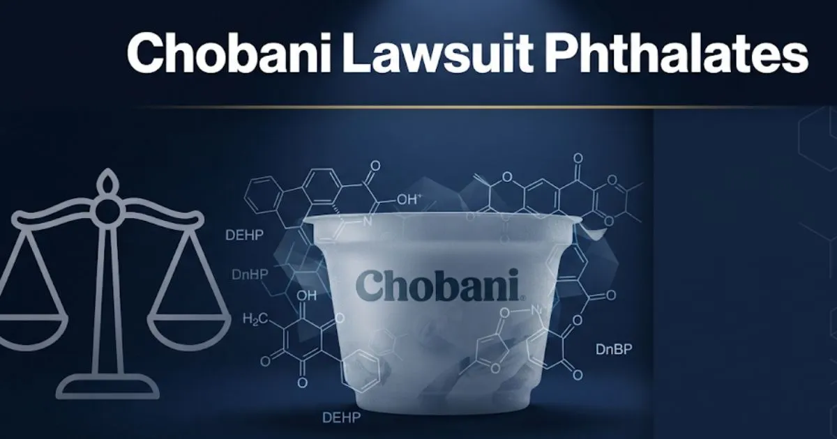 Chobani lawsuit phthalates hero banner with legal scales and yogurt cup silhouette on navy background