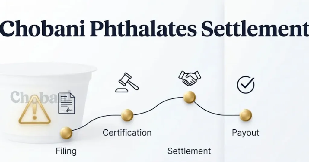 Chobani phthalates settlement timeline infographic showing case milestones from filing to payout