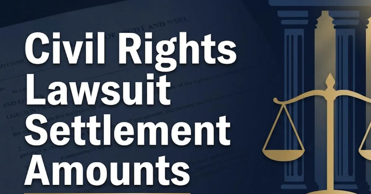 Civil rights lawsuit settlement amounts 2026 guide banner with scales of justice icon on navy background
