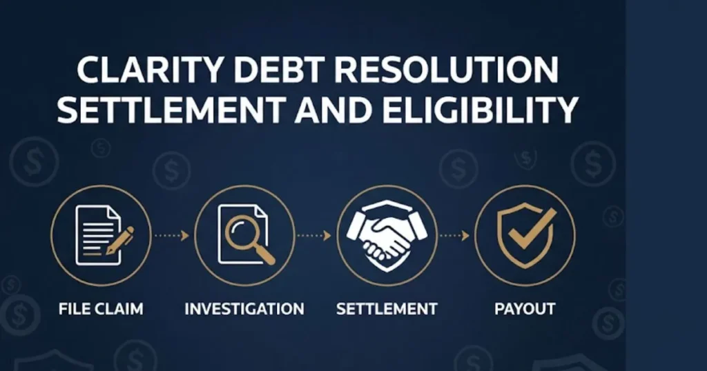 Clarity debt resolution settlement eligibility infographic with claim timeline