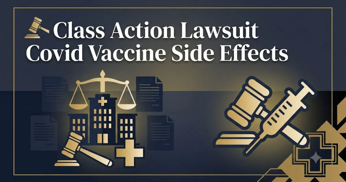 Class action lawsuit covid vaccine side effects 2026 legal guide banner with gavel and vaccine icons