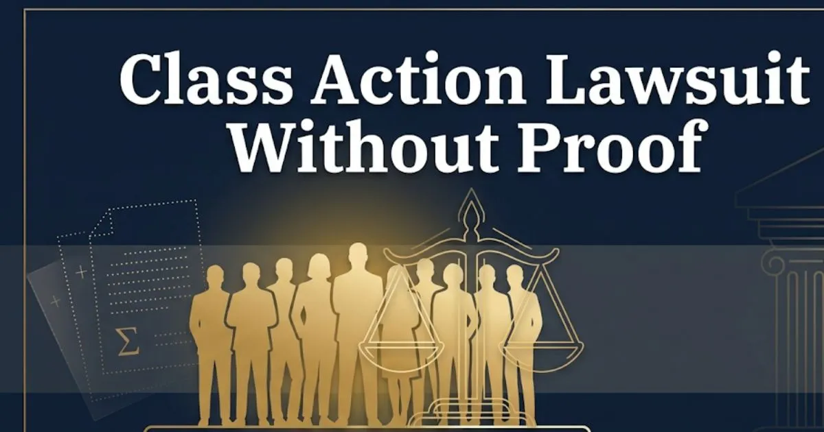 Class action lawsuit without proof guide showing legal scales and group of claimants in navy and gold design
