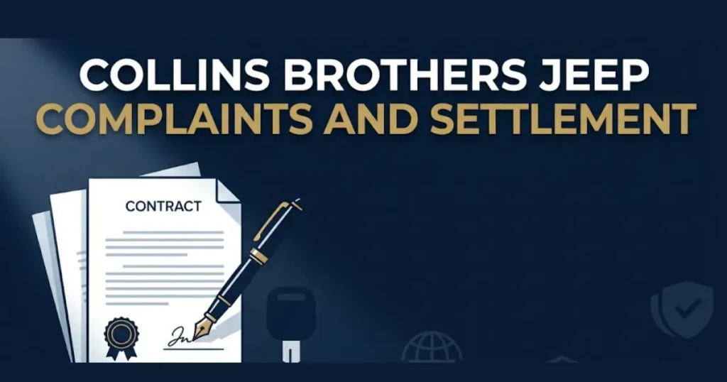 Collins Brothers Jeep complaints and settlement graphic with legal documents and consumer icons