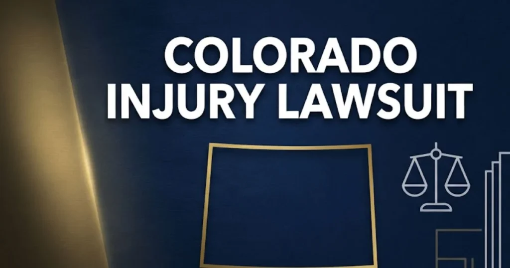 Colorado injury lawsuit 2026 guide hero banner with state outline, legal scale icons, and navy gold design
