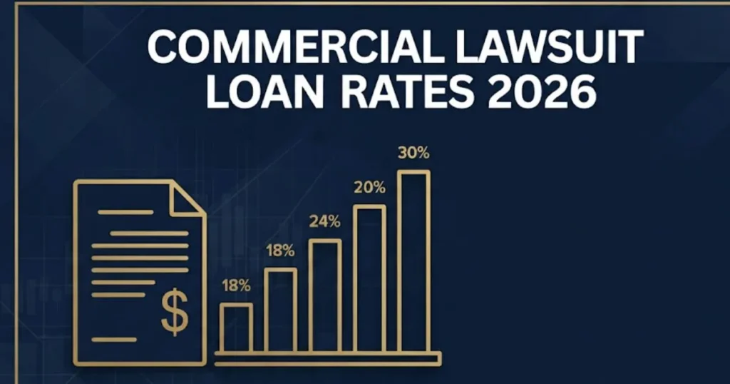 Commercial lawsuit loan rates 2026 comparison chart graphic in navy blue and gold editorial style