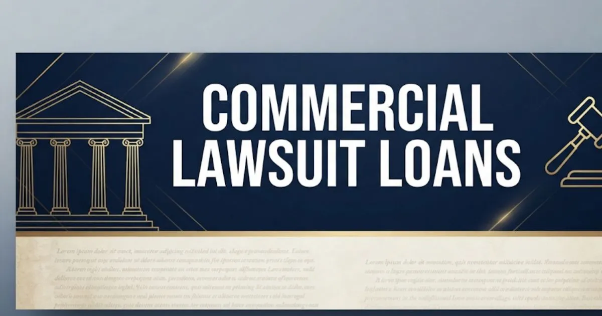 Commercial lawsuit loans guide hero banner with courthouse and gavel icons on navy and gold background