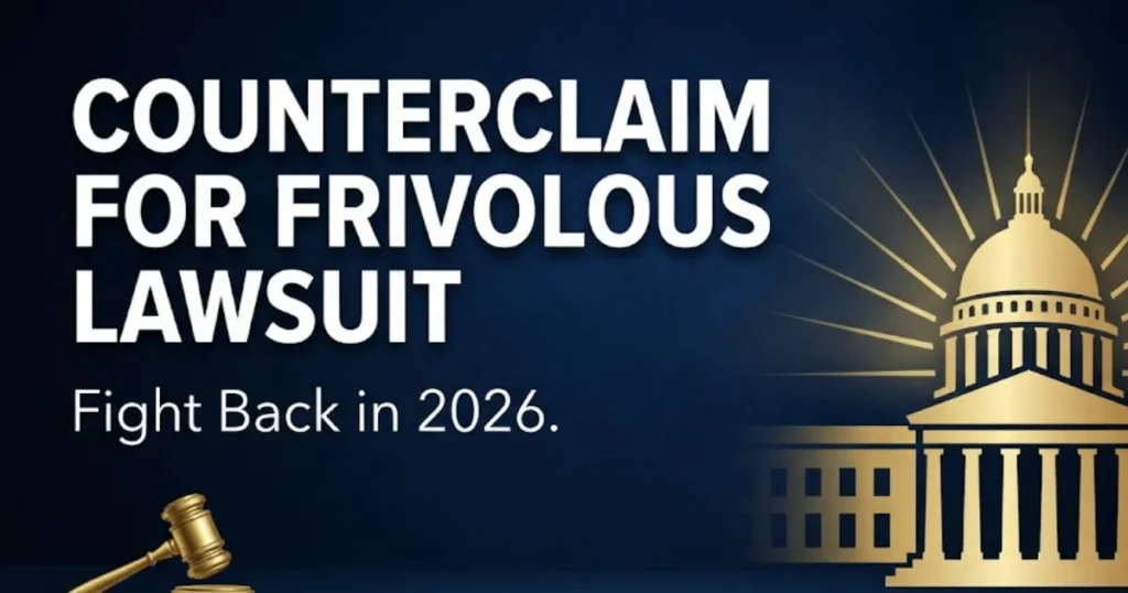 Counterclaim for frivolous lawsuit hero banner with courthouse silhouette and bold headline text on navy background