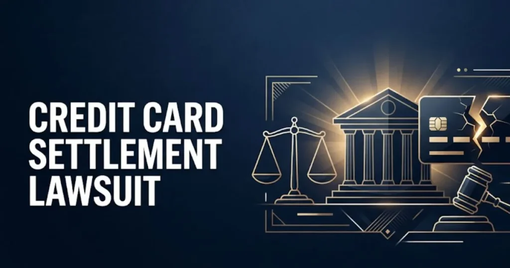 Credit card settlement lawsuit 2026 guide banner with legal icons and gavel