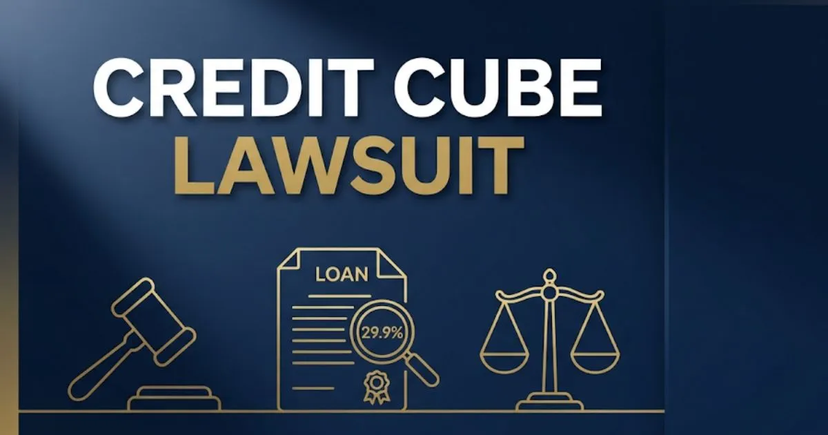 Credit cube lawsuit 2026 hero banner with legal scales and gavel icons on navy background