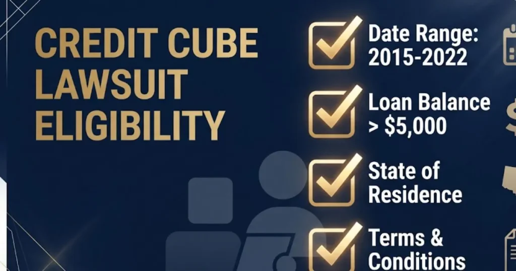 Credit cube lawsuit eligibility checklist infographic with gold icons on dark navy design