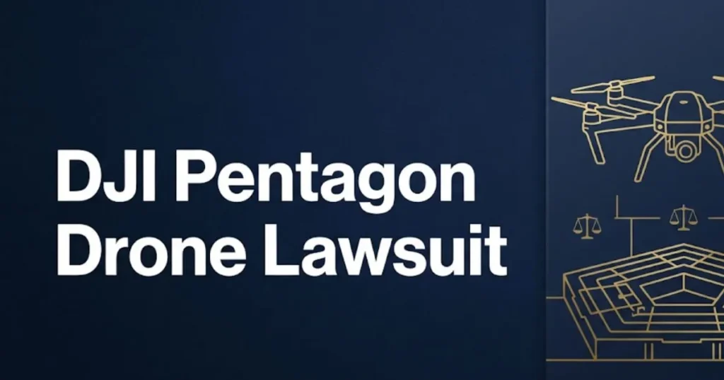 DJI Pentagon drone lawsuit 2026 legal guide banner with drone silhouette and legal scale icons on navy background