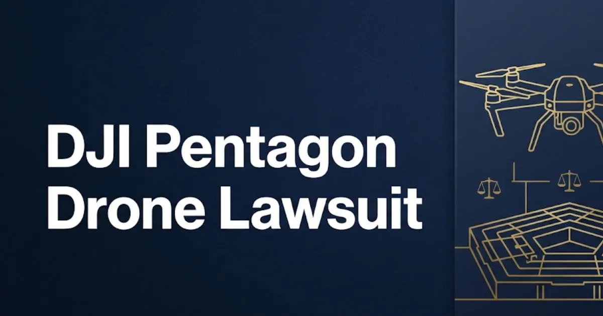 DJI Pentagon drone lawsuit 2026 legal guide banner with drone silhouette and legal scale icons on navy background