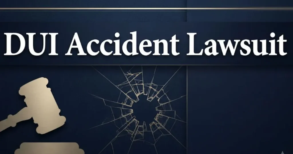 DUI accident lawsuit guide banner with gavel and legal symbols in navy and gold design