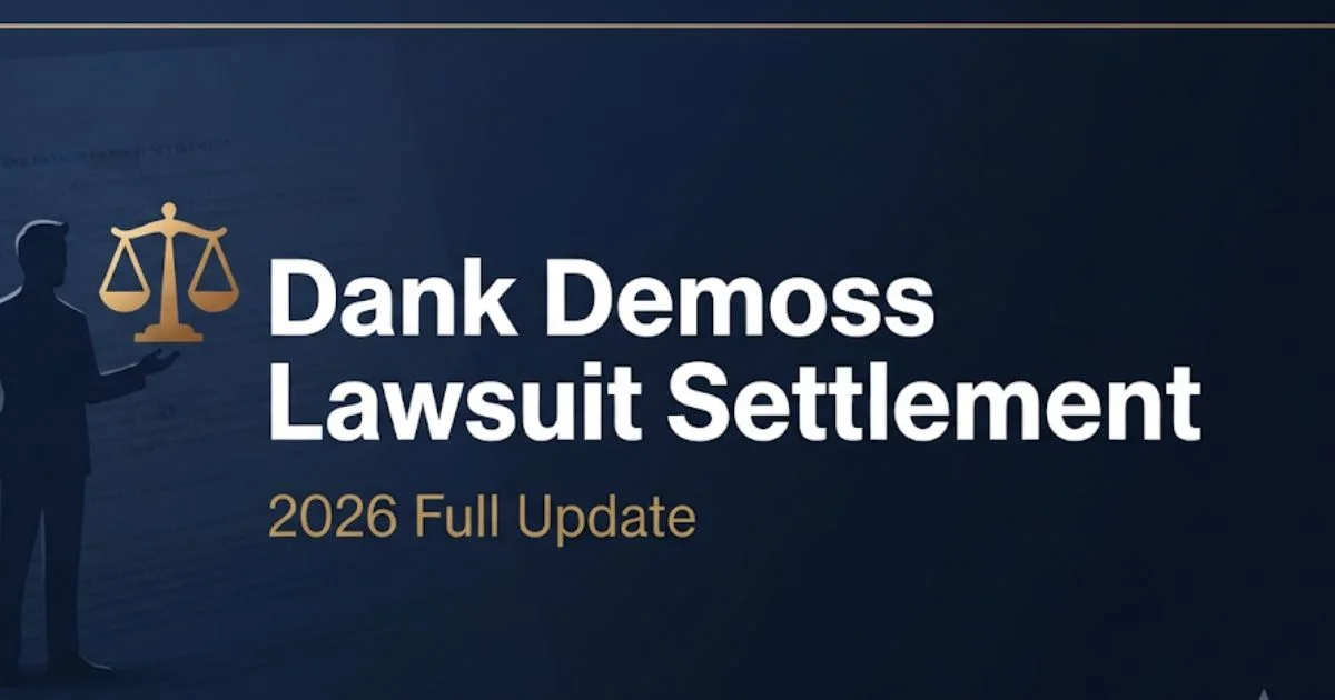 Dank Demoss lawsuit settlement 2026 legal banner with scales of justice and bold headline text on navy background