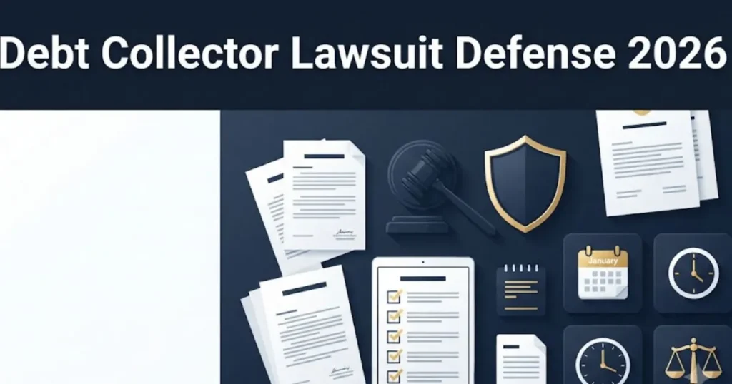 Debt collector lawsuit defense 2026 checklist graphic with legal documents and shield icon
