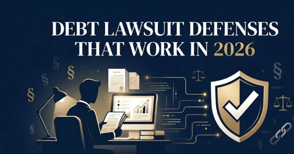Debt lawsuit defenses that work in 2026 with shield icon and silhouette reviewing legal documents online