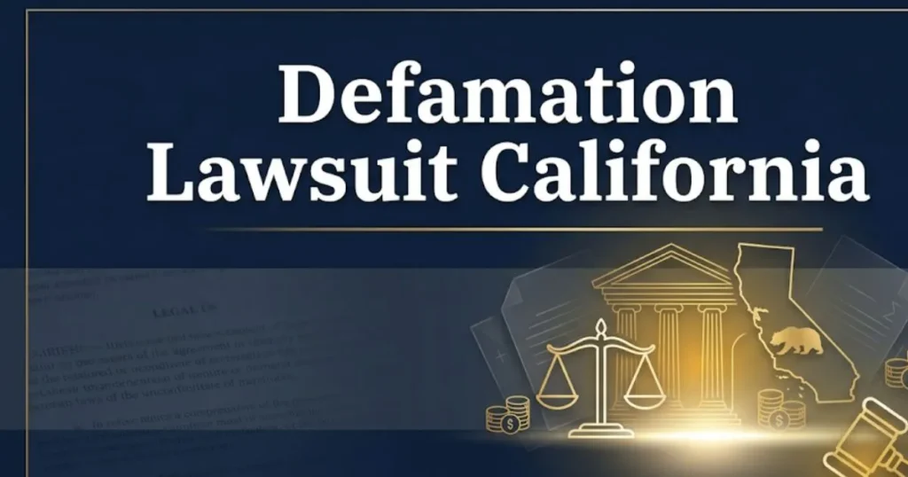 Defamation lawsuit California 2026 legal guide banner with courthouse and scales of justice