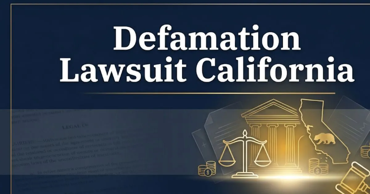 Defamation lawsuit California 2026 legal guide banner with courthouse and scales of justice