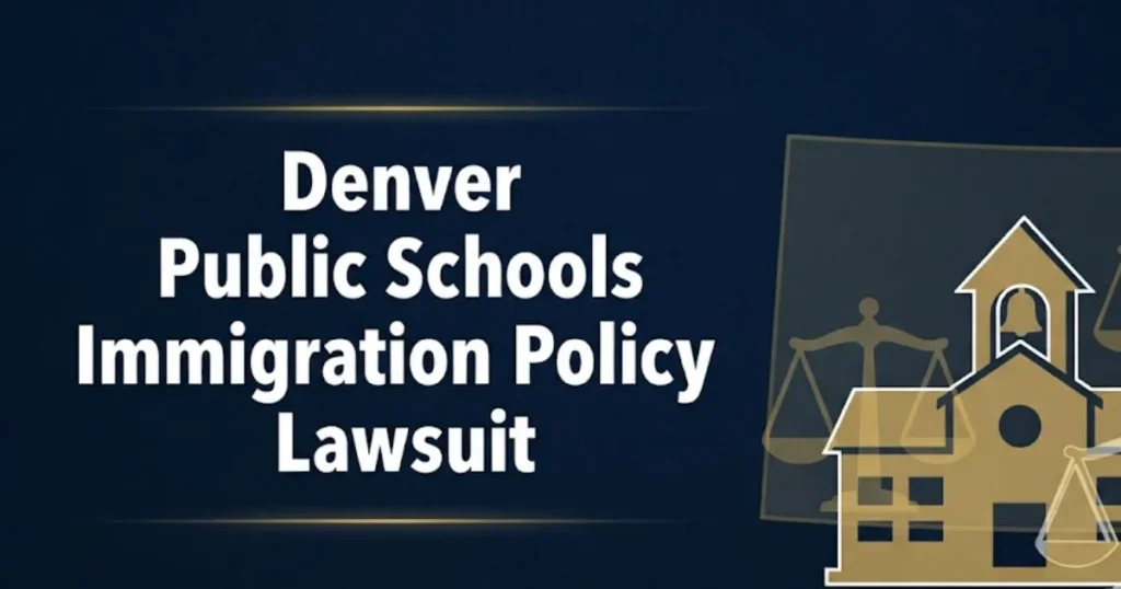 Denver Public Schools immigration policy lawsuit 2026 guide with legal scale icons and school silhouette on navy background