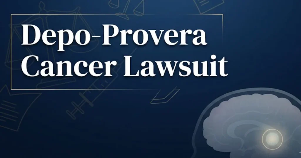 Depo-Provera cancer lawsuit hero banner with legal scales and brain scan imagery